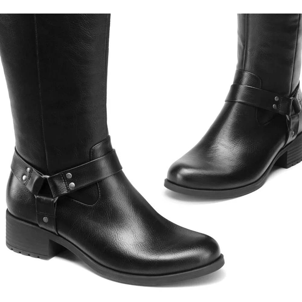 Women Faux Leather Black Comfortable Knee High Side Zipper Buckle Riding Boots